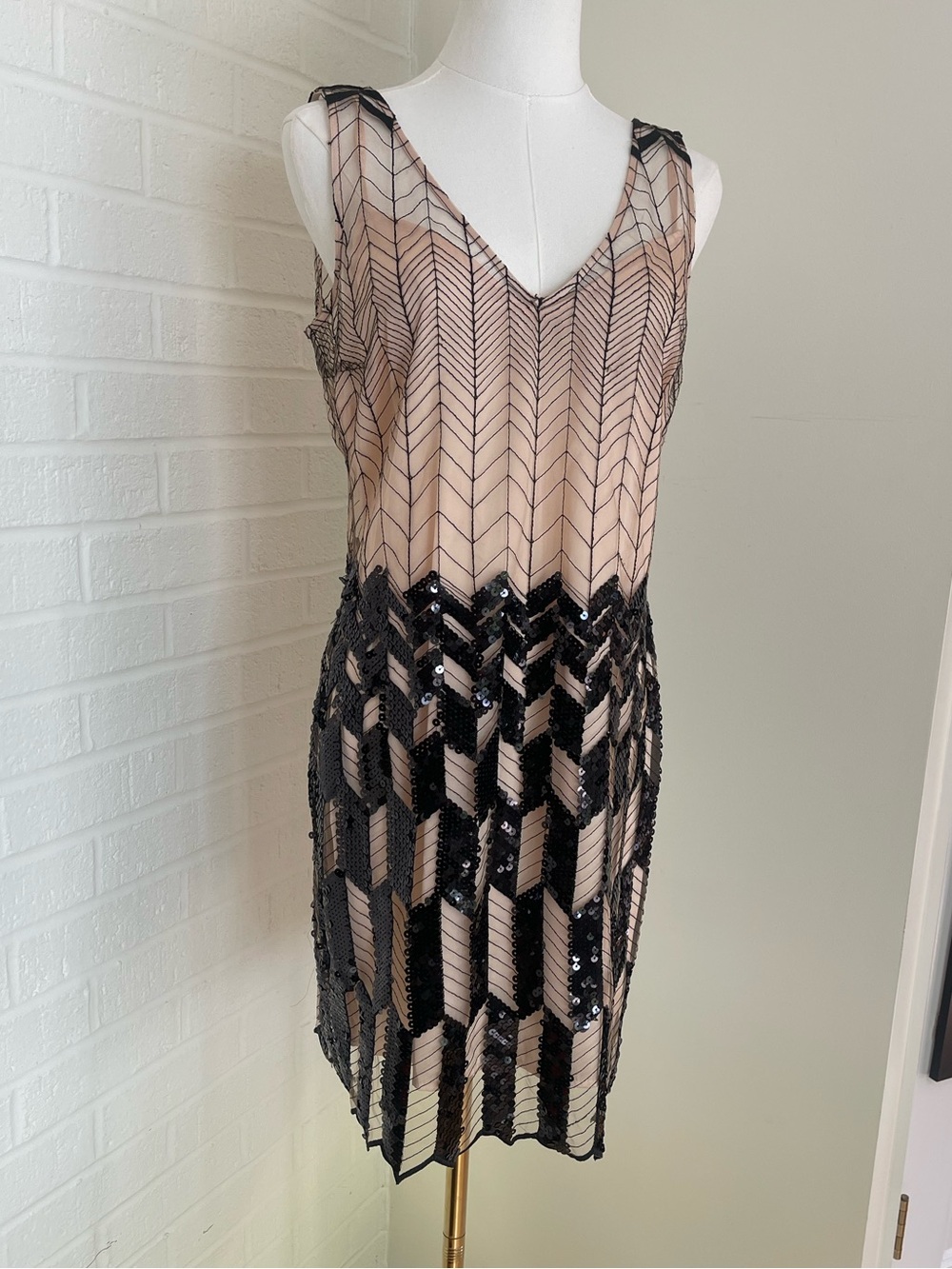 Tracy Reese Nude & Black Sequin Mesh Cocktail Dress Size 6 Art Deco